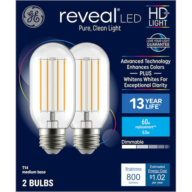 GE Reveal HD 60-Watt EQ T14 Color-enhancing Medium Base (e-26) Dimmable LED Light Bulb (2-Pack)