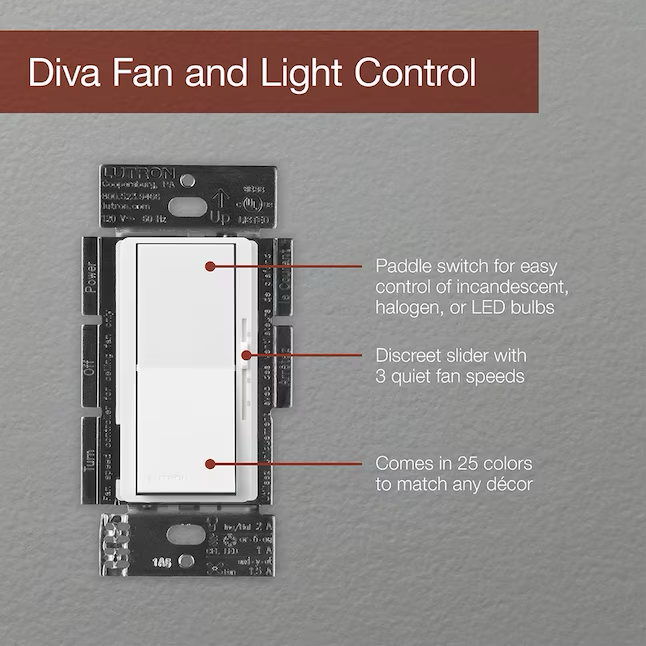 Lutron Diva 1.5-Amp 3-speed Wired Rocker Fan Control, White