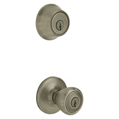 Kwikset Security Tylo Antique Brass Exterior Single-cylinder deadbolt Keyed Entry Door Knob Multi-pack with Antimicrobial Technology