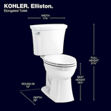 Inodoro KOHLER Elliston blanco alargado con altura de silla, 2 piezas, WaterSense, cierre suave, 12 pulgadas, empotrable, 1,28 GPF