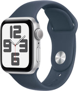 Reloj inteligente Apple Watch SE (2.ª generación) de 40 mm con caja de aluminio plateada y correa deportiva azul tormenta S/M. 