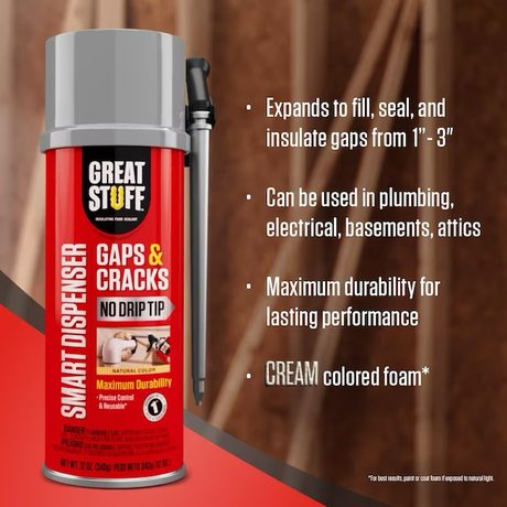 GREAT STUFF Gaps and Cracks Dispensador inteligente de 12 oz Aislamiento de espuma en aerosol para interiores y exteriores