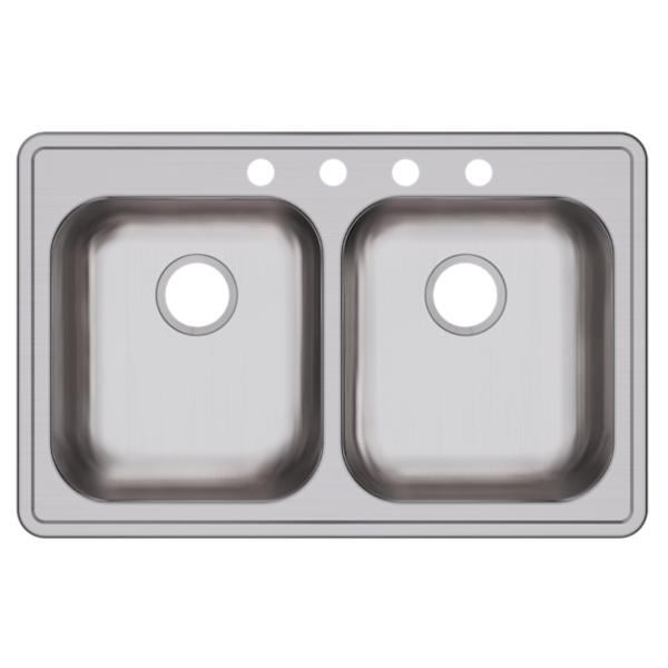 Dayton Stainless Steel 33" x 21-1/4" x 5-3/8" 4-Hole Equal Double Bowl Drop-in Sink