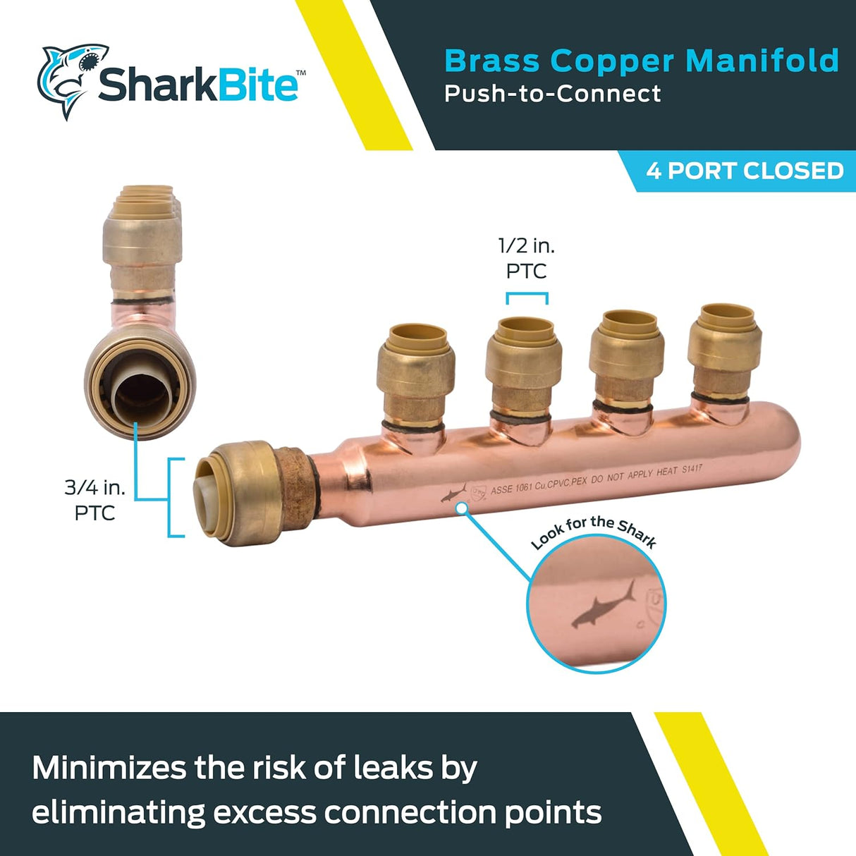 SharkBite Accesorio de colector cerrado de cobre de 4 puertos de 3/4 pulg. x 1/2 pulg.