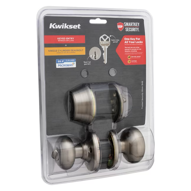 Kwikset Series Cove Satin Nickel Smartkey Exterior Single-cylinder deadbolt Combined Door Knob Combo Pack with Antimicrobial Technology