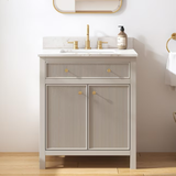 Allen + Roth Sandbanks - Tocador de baño con lavabo individual, color gris, de 30 pulgadas, con tapa de piedra de ingeniería blanca
