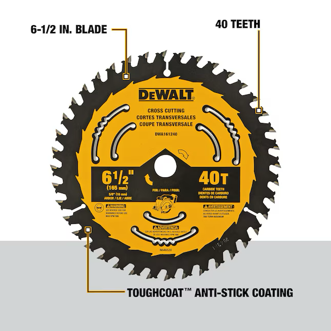 Hoja de sierra circular de acero con punta de carburo de tungsteno y acabado fino DeWalt de 6-1/2 pulgadas y 40 dientes