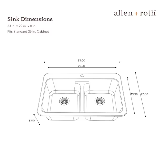 Allen + Roth Kenji Fregadero de cocina de 3 orificios con doble cuenco igual de granito Nero de montaje doble de 33 x 22 pulgadas