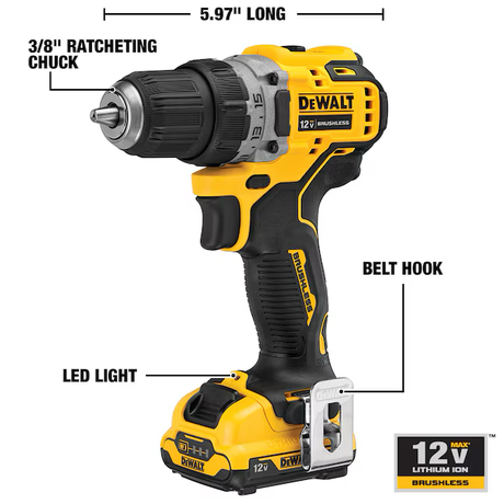 DEWALT XTREME 12-volt Max 3/8-in Brushless Cordless Drill (2-Batteries Included, Charger Included and Soft Bag included)