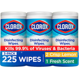 Clorox Toallitas desinfectantes con aroma fresco y limón crujiente, 225 unidades, limpiador multiuso (paquete de 3)
