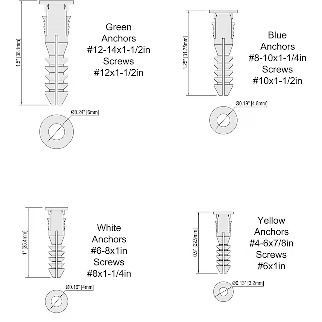 Project Source Anclajes para paneles de yeso de 20 lb, 1/4 x 1-1/2 pulgadas con tornillos incluidos (paquete de 100)