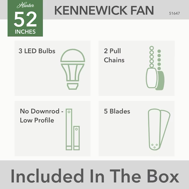 Hunter Kennewick 52-Zoll mattschwarzer, bündig montierter Deckenventilator für den Innenbereich mit Licht (5 Flügel)