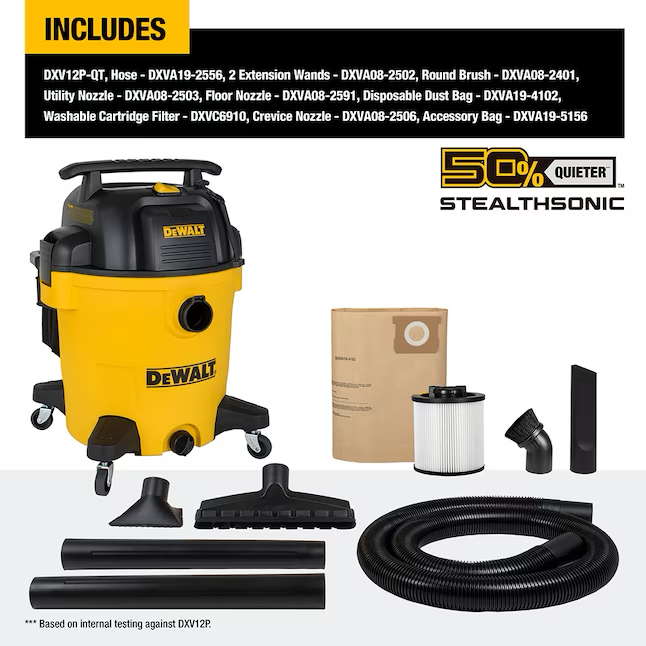 DEWALT Stealthsonic Quiet 12-Gallons 5.5-HP Corded Wet/Dry Shop Vacuum with Accessories Included