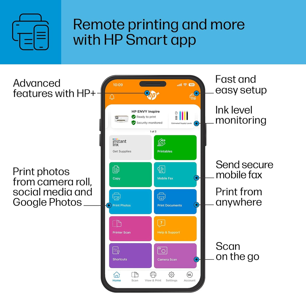 Impresora térmica de inyección de tinta en color inalámbrica HP ENVY Inspire 7255e, imprime, escanea, copia, configuración sencilla, impresión móvil, lo mejor para el hogar, tinta instantánea con HP+ 