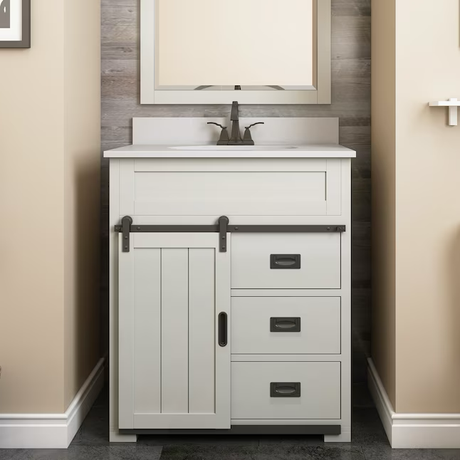 Style Selections Morriston tocador de baño con lavabo individual de 30 pulgadas, color blanco, con tapa de piedra de ingeniería blanca