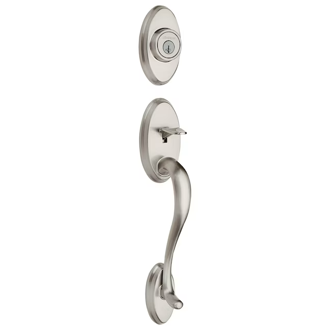 Kwikset Signature Series Shelburne - Manija de puerta de entrada con llave y cerrojo de un solo cilindro, níquel satinado, palanca Tustin y llave inteligente 