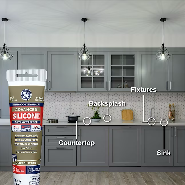 GE Advanced Silicone 2 Kitchen and Bath, Tub and Tile 2.8-oz Clear Silicone Caulk