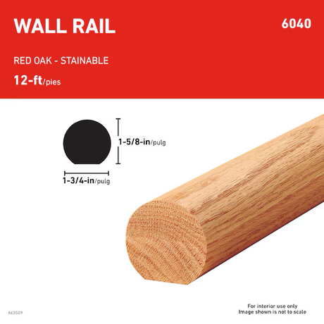Riel de pared de madera de roble rojo sin terminar de 1,75 x 144 pulgadas