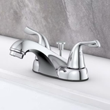 Project Source Webber Chrome 4-in centerset 2-handle WaterSense Bathroom Sink Faucet with Drain and Deck Plate