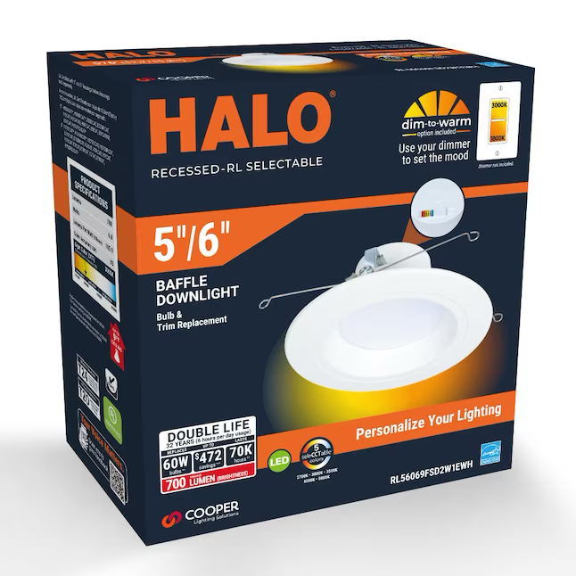 HALO Mattweißes, schaltbares, rundes, dimmbares LED-Einbau-Downlight mit 700 Lumen und 5 Zoll oder 6 Zoll