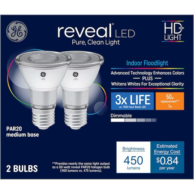 GE Reveal HD Bombilla LED regulable de base media (e-26) EQ PAR20 de 50 vatios (paquete de 2)