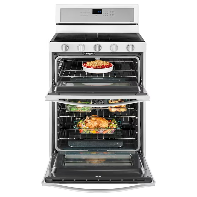 Whirlpool 30-in 5 Burners 3.9-cu ft / 2.1-cu ft Self-cleaning Convection Oven Freestanding Natural Gas Double Oven Gas Range (White Ice)