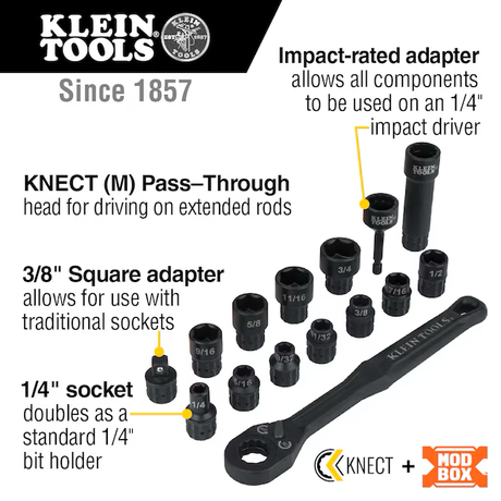 Klein Tools Impact Rated Pass Through 15-Piece Standard (SAE) 3/8-in Drive 6-point Set Deep Socket Set