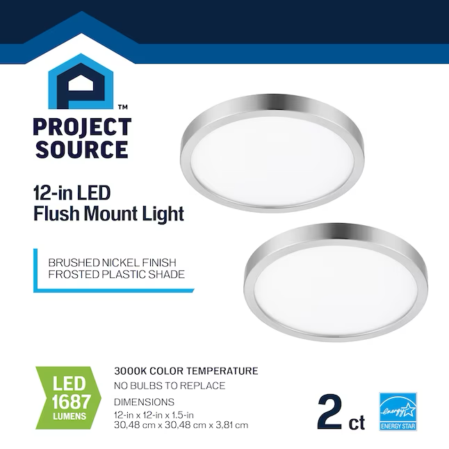 Project Source 1-Light 12-in Brushed Nickel LED Flush Mount Light ENERGY STAR (2-Pack)