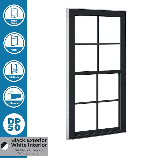 RELIABILT Serie 150 Nueva construcción Ventana de guillotina de baja emisividad de vinilo laminado negro de jamba de 31-1/2 x 59-1/2 x 3-1/4 pulgadas con rejillas y media pantalla incluida