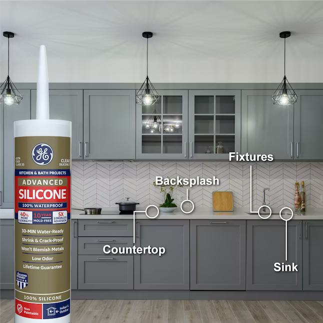 Masilla de silicona transparente GE Advanced Silicone 2 para cocinas, baños, bañeras y azulejos, 10.1 oz