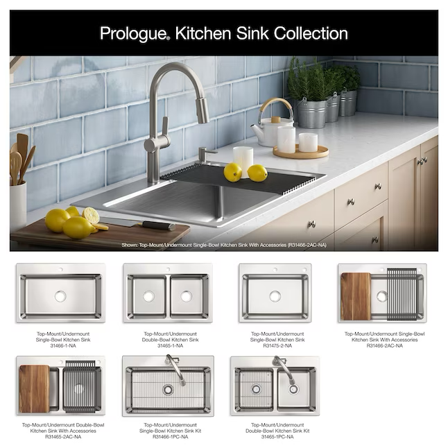 KOHLER Prologue Dual-mount 33-in x 22-in Stainless Steel Single Bowl 2-Hole Workstation Kitchen Sink with Drainboard