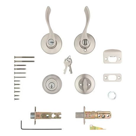 Einzylinder-Riegelriegel der Kwikset-Serie „Balboa“ aus satiniertem Nickel für Außentürgriffe mit Schlüssel und Smartkey-Kombipaket 