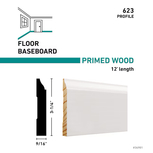 RELIABILT 9/16-in x 3-1/4-in x 12-ft Colonial Primed Pine 623 Baseboard Moulding