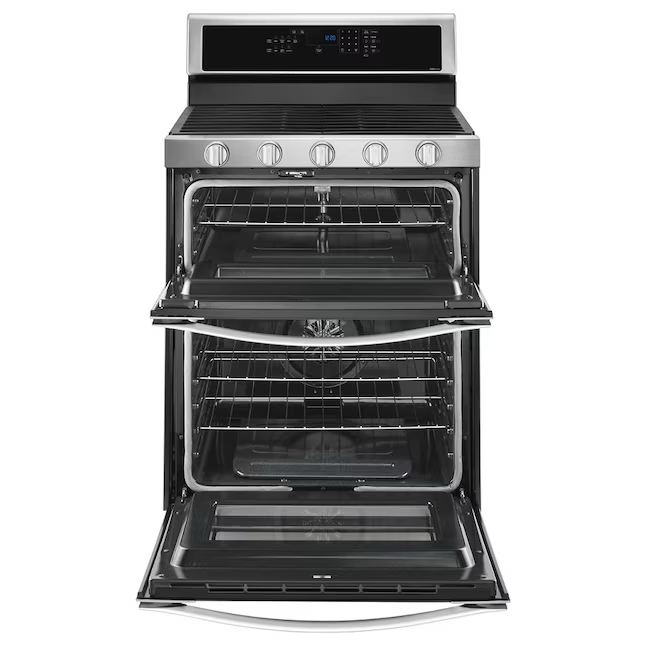 Whirlpool 30-in 5 Burners 3.9-cu ft / 2.1-cu ft Self-cleaning Convection Oven Freestanding Natural Gas Double Oven Gas Range (Stainless Steel)