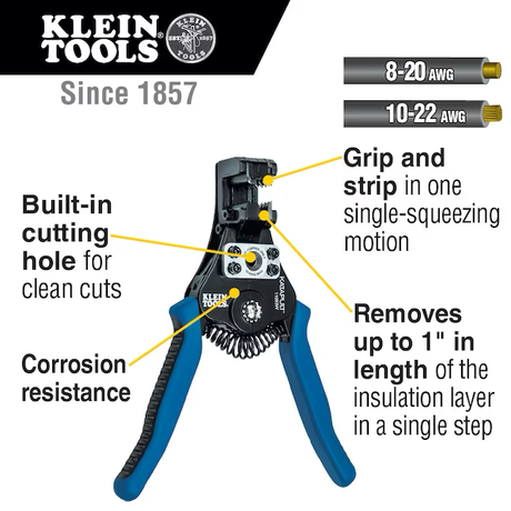 Klein Tools Katapult Wire Strippers, 8-20 Awg Solid, 10-22 Awg Stranded
