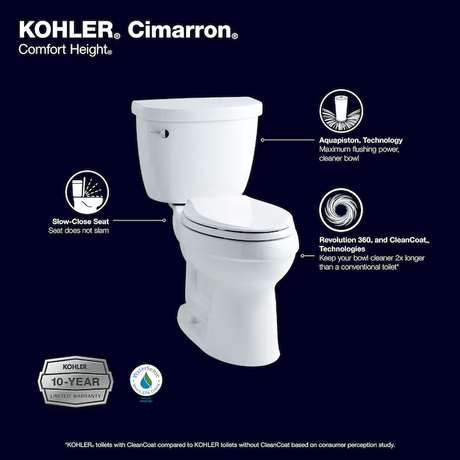 KOHLER Cimarron - Inodoro redondo blanco con altura de silla, 2 piezas, WaterSense, cierre suave, 12 pulgadas, empotrable, 1,28 GPF