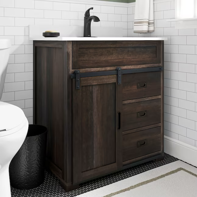 Style Selections Morriston tocador de baño con lavabo individual de Java envejecido de 30 pulgadas con tapa de piedra de ingeniería blanca