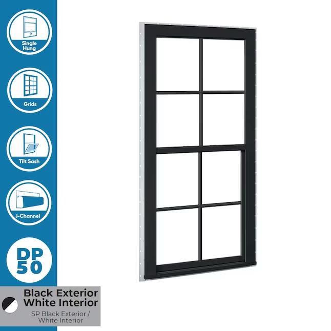RELIABILT Serie 150 Nueva construcción 35-1/2 pulgadas x 59-1/2 pulgadas x 3-1/4 pulgadas Jamba Ventana de vinilo negro de baja emisividad con media pantalla incluida