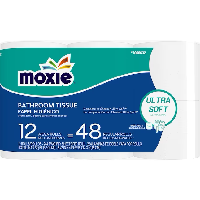 MOXIE 12 Mega rollo de papel higiénico Paquete de 12 papel higiénico de 2 capas