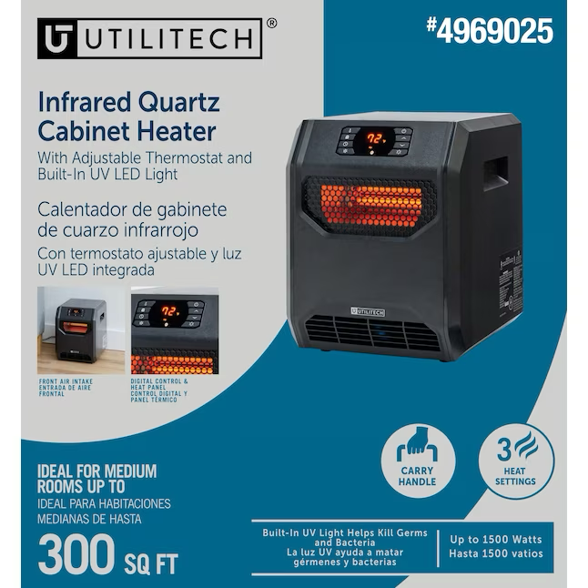 Utilitech Calentador eléctrico para interiores con gabinete de cuarzo infrarrojo de hasta 1500 vatios con termostato y control remoto incluidos