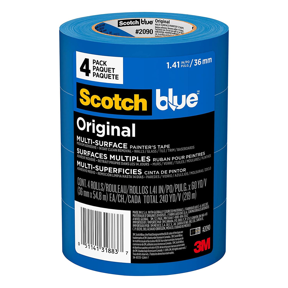 3M 1,41 Zoll. x 60 Yds. ScotchBlue Original Multi-Surface-Malerband – 4er-Pack