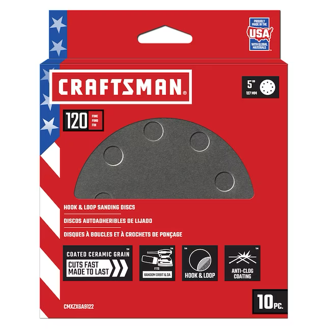 CRAFTSMAN 5 In 8H H/L Cer Disc 120 Grt 10pk 10-Piece Ceramic Alumina 120-Grit Disc Sandpaper