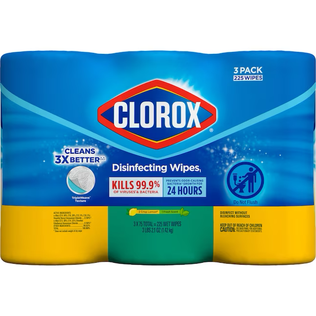 Clorox Toallitas desinfectantes con aroma fresco y limón crujiente, 225 unidades, limpiador multiuso (paquete de 3)
