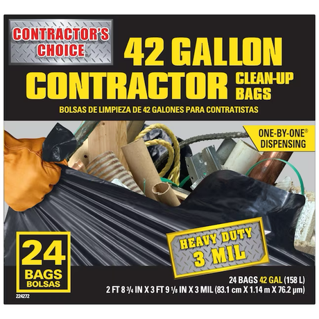 Contractor's Choice Contractor 42-Gallonen-Müllbeutel aus schwarzem Kunststoff für den Außenbereich mit Klappe und Bindeband (24 Stück)