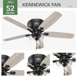 Hunter Kennewick Ventilador de techo con luz para interior, montaje empotrado, color negro mate, 52 pulgadas (5 aspas)
