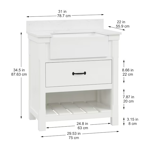 Allen + Roth Briar 30-in Carrara White Farmhouse Single Sink Bathroom Vanity with White Engineered Marble Top