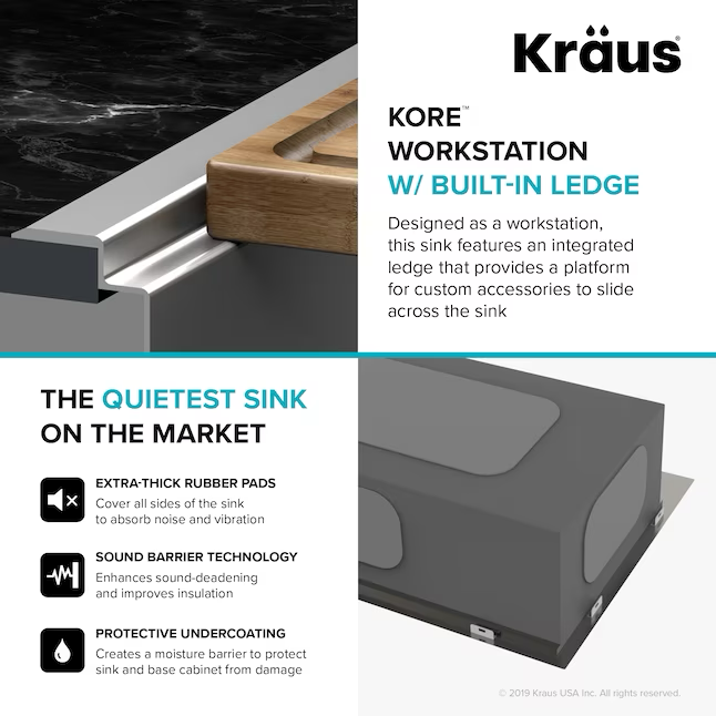 Kraus Kore Workstation Fregadero de cocina con estación de trabajo de 2 orificios y un solo tazón de acero inoxidable de montaje doble, 33 x 22 pulgadas
