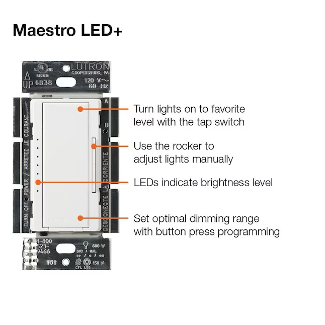 Lutron Maestro interruptor de atenuación de luz basculante LED unipolar/3 vías, blanco