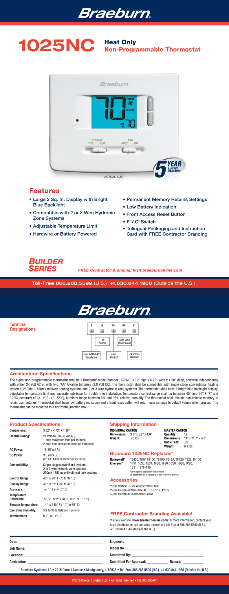 Braeburn® 1025NC Nicht programmierbarer Thermostat