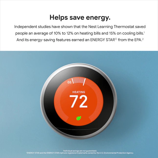 Termostato inteligente Google Nest Learning con compatibilidad Wi-Fi (3.ª generación), acero inoxidable